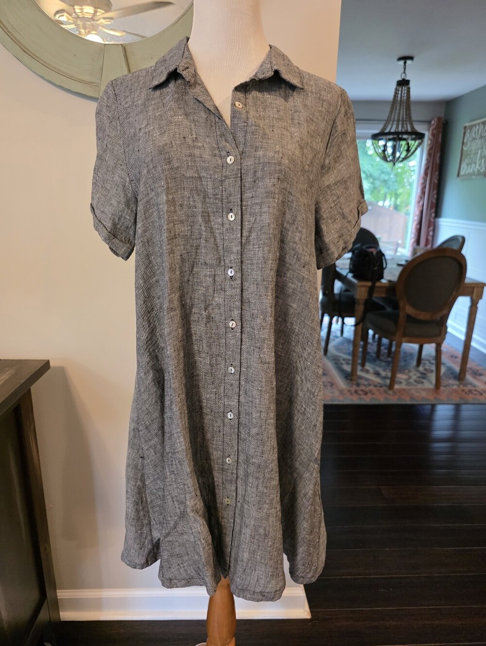 Tahari Size Large 100% Linen Short Sleeve Button Down Shirt Dress Pockets Casual - Picture 2 of 10
